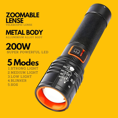 3BAAN X198 (ZOOMABLE METAL)5 Modes Flashlight, Super Bright Cree T6 LED Light Torch Torch(Multicolor, 11 cm, Rechargeable)