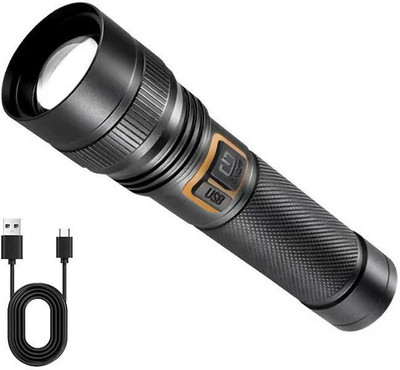 FINARO Metal Led Light Long Range 1000 Meter|1 Km High Power Zoomable & Type-C Cable Torch(Black, 15 cm, Rechargeable)