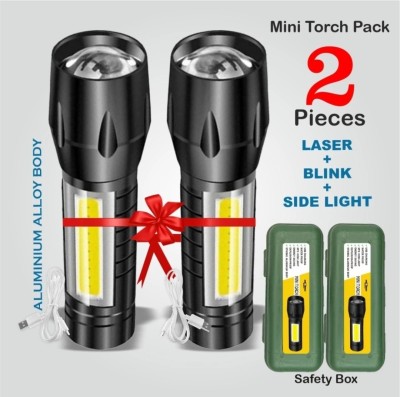 UNZAG (Pack Of 2) Led Rechargeable Tactical Flashlight Zoomable 3 Modes Usb Charging Torch(Black, 15 cm, Rechargeable)