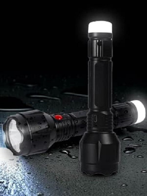 AKR Powerful Led Flashlight Torch with Rechargeable Lithium Battery and 2 Modes Torch(Black, 17 cm, Rechargeable)