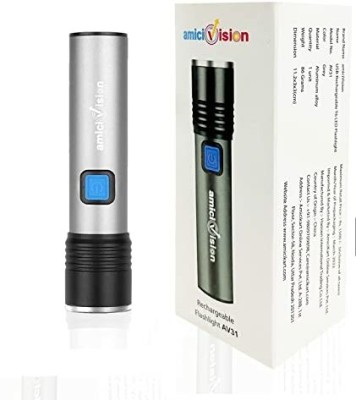 amiciVision USB-Rechargeable LED Flashlight T6 LED, 4 Modes Zoom-able Powerful Torch(Grey, Black, 12 cm, Rechargeable)