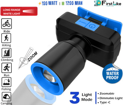 FIRSTLIKE 100W Rechargeable Head Lamp With 3 Mode Light Zooming With Head Adjustable LED Torch(Blue, Black, 8 cm, Rechargeable)