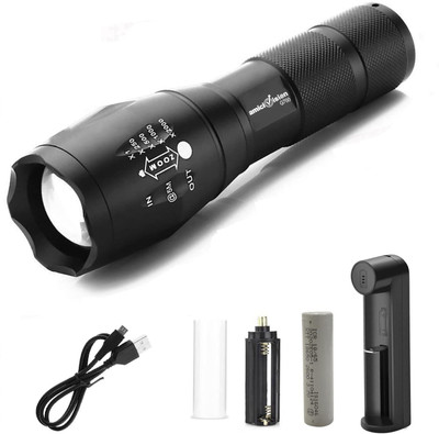 amiciVision Flashlight LED Tactical Best T6 G700 Water Resistance 5 Modes Adjustable Focus Torch(Black, 13.5 cm, Rechargeable)