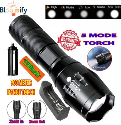 BloomiFy MT-M6 Premium Rechargeable Torch – 5 Modes, Zoomable, High-Quality Performance Torch(Black, 13.5 cm, Rechargeable)