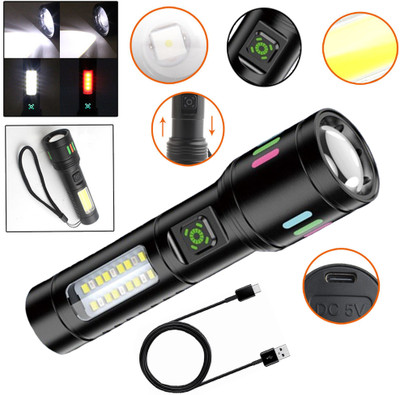 Regals Choice Typ-C Charging Outdoor Cob Side Light Warning Lighting Flashlight Torch(Black, 14 cm, Rechargeable)