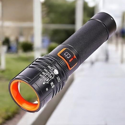 Saviraj LED Rechargeable Flashlight, USB-C Charging, Zoomable Focus, High Brightness Torch(Black, Orange, 4 cm, Rechargeable)