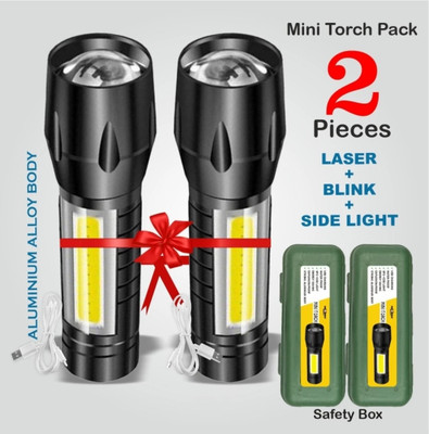 MHAX (Pack _2 ) Mini Rechargeable Pocket_Torch Light Zoom COB USB Led WaterProof Torch(Black, 4.5 cm, Rechargeable)