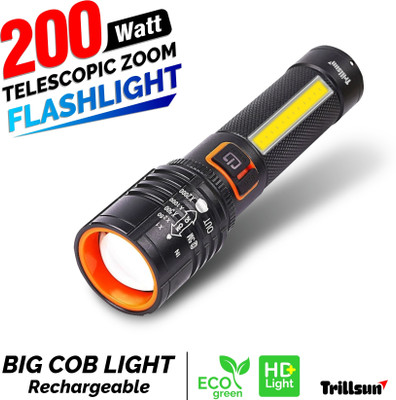 Trillsun TS24 (Zoomable Led Metal body) with SOS Function, 25W Laser COB emergency light Torch(Black, 16 cm, Rechargeable)