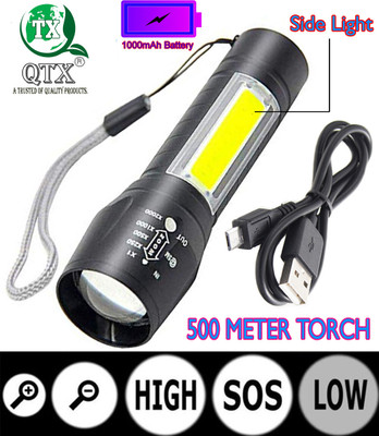 QTX Rechargeable 500 Meter 4Mode Zoomable Chargeable Waterproof Torch(Black, 8 cm, Rechargeable)