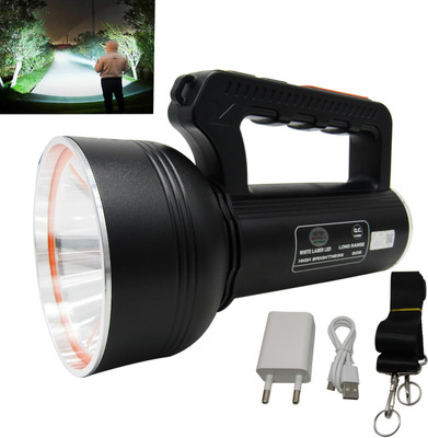 RENMAX LED Flashlight High Brightness 350W 2Km Range High/Low/Blinker & Tail Light Torch(Black, 20 cm, Rechargeable)