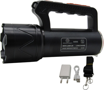 RENMAX Super Bright LED Searchlight 2km Range 400W High/Low/Blinker & Tail Light Torch(Black, 20 cm, Rechargeable)