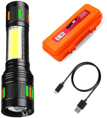 Regals Choice Tactical LED Flashlight with Side Flood Light & Zoom Focus Torch(Black, 15 cm, Rechargeable)