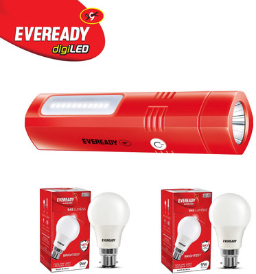EVEREADY 9W LED Bulb Pack of 2 and Hero Flashlight with Side Light Torch(Multicolor, 10 cm, Rechargeable)