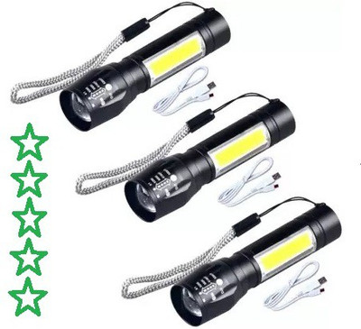 MHAX Zoomable Flashlight TorchTorch Light Pack Of 3 Rechargeable 9W LED Torch(Black, 2 cm, Rechargeable)