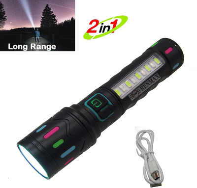 RENMAX Bright Zoom Focus & Cob Emergency Light With SOS Red-Blue Blinker Metal M036C Torch(Black, 14 cm, Rechargeable)