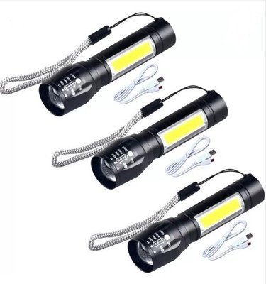 zm store (pack of 3) USB Rechargeable Torchlight Super Bright Pocket Zoom COB USB Charging Torch Led Flashlight Water Proof Torch Torch(Black, 9.3 cm, Rechargeable)