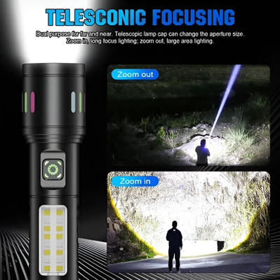 CozyFox Multi-Function LED Flashlight Telescopic Zoom Anti-Slip Design Waterproof Torch(Black, 13.5 cm, Rechargeable)