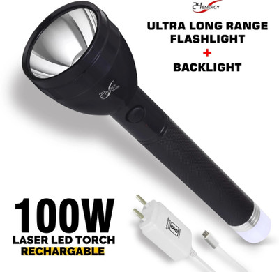24 ENERGY Long Range 2X Power Lithium battery with emergency backlight with Charger Torch(Black, 28 cm, Rechargeable)