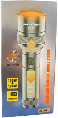 Kay-Joy RL-M41 Telescopic Focusing Torch | Strong Beam Rechargeable LED Flashlight Torch(Black, Silver, 18 cm, Rechargeable)