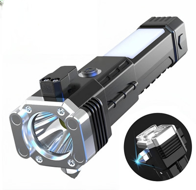 DEGNO Led torch light with mobile charger hammer belt cutter long range battery Torch(Black, 7 cm, Rechargeable)