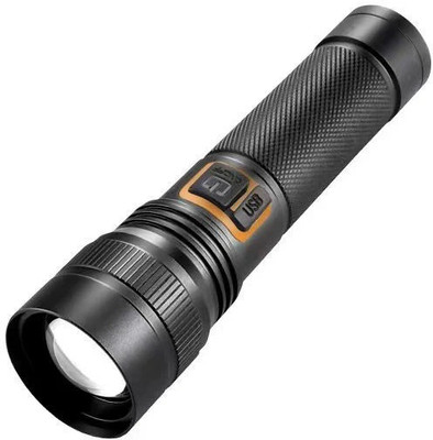 FINARO Metal Led Light Long Range 1000 Meter|1 Km High Power Zoomable & Type-C Cable Torch(Black, 15 cm, Rechargeable)
