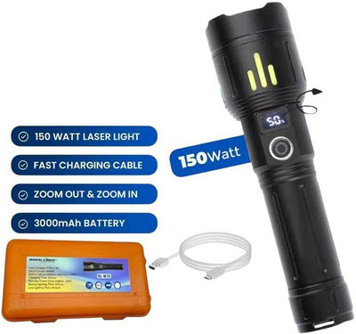 Kay-Joy RL-M19 150W Metal Torch | Zoomable LED Flashlight | 3000mAh Battery Torch(Black, 16 cm, Rechargeable)