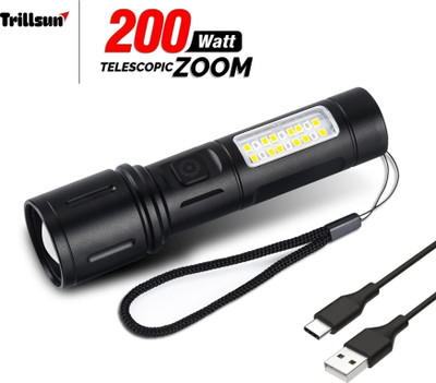 Trillsun Metal Body Multi-Function 200W Rechargeable Long Range Flashlight Torch(Black, 16 cm, Rechargeable)