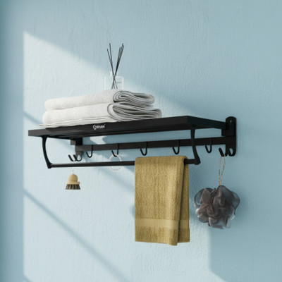 GRIVAN Durable 24-Inch Foldable Bathroom Towel Rack/Stand with Hooks & Hanger Black Towel Holder(Stainless Steel)