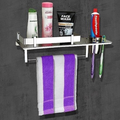 GOLDEN LIKE Stainless Steel 3 in 1 Multipurpose Bathroom Shelf/Rack/Towel Hanger/Tumbler Steel Towel Holder(Stainless Steel)