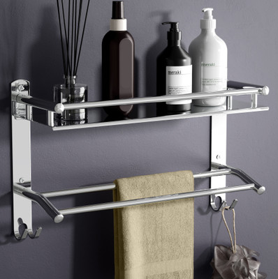 GRIVAN Premium Multipurpose Bathroom Rack | Wall Shelf with Dual Towel Rod & Hooks Silver Towel Holder(Stainless Steel)