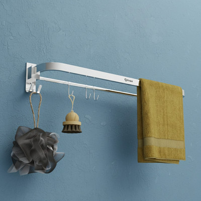 GRIVAN Modern Foldable Towel Holder | Bathroom Hanger Steel with Shelf & Hooks Silver Towel Holder(Stainless Steel)