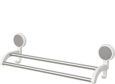 MXSOLD Self-Adhesive Double Towel Bar with Hooks & No Drill Installation White Towel Holder(Stainless Steel, Plastic)