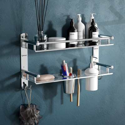 GRIVAN Bathroom Shelf Rack With Soap & Toothbrush Holder | Liquid Dispenser With Hooks Silver Towel Holder(Stainless Steel)