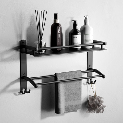 Character by SteelhavenHardware Products Matt Finish 2 Layer Bathroom Shelf Organizer with Double Towel and Loofa Holder Black Matt Towel Holder(Stainless Steel)
