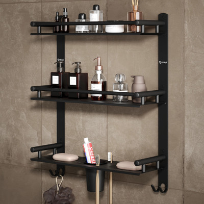 GRIVAN Bathroom rack with tumbler, 2 soap dish, 4 brush holder, and 2 dual hooks Black Matte Towel Holder(Stainless Steel)