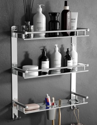 GLOXY by GLOXY 3 Layer Multipurpose Bathroom Shelf with Double Soap Dish and Tumbler Silver Towel Holder(Stainless Steel)