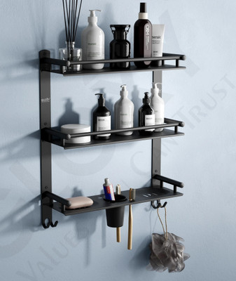 GLOXY by GLOXY 3 Layer Multipurpose Shelf with Double Soap Dish & Toothbrush/toothpaste holder Black Towel Holder(Stainless Steel)