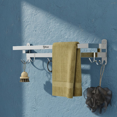 GRIVAN Stylish 24-Inch Foldable Towel Rod/Stand for Bathroom with Hooks & Hanger Silver Towel Holder(Stainless Steel)
