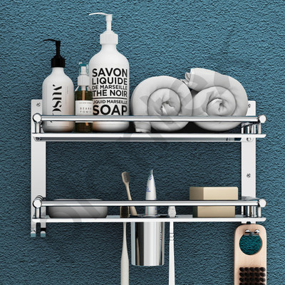 DXDT Wall Bathroom Shelf Stand 2 Layer Stainless Steel Multiuse Rack with Double Soap dish/ Toothbrush Tumbler Holder/ Towel Holder Towel Holder(Stainless Steel)