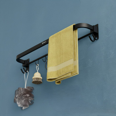 GRIVAN Premium Foldable Towel Holder | Bathroom Hanger Steel with Shelf & Hooks Black Matte Towel Holder(Stainless Steel)