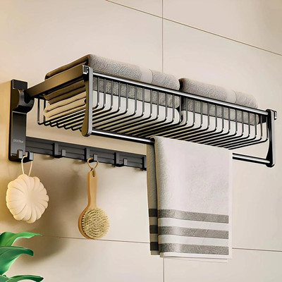 Plantex Aluminium Towel Rack/Towel Rod/Towel Hangar with Hooks/Bathroom Organizer (961) Black Towel Holder(Aluminium)