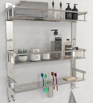 GLOXY Bathroom Shelf and Rack with Double Soap Dish and Toothbrush /Soap Holder Stainless Steel Wall Shelf(Number of Shelves - 3, Silver)