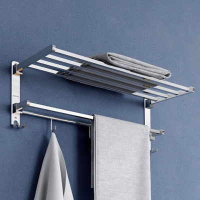 Plantex Dual Folding Towel Rack 24 Inch/Towel Stand Hanger Bar for Bathroom Accessories Silver-Chrome Towel Holder(Stainless Steel)