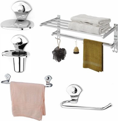 GLOXY Chrome Finish Set of 5 Towel Rack+Towel Rod+Soap Dish+Tumbler Holder SS204 Silver Towel Holder(Stainless Steel)