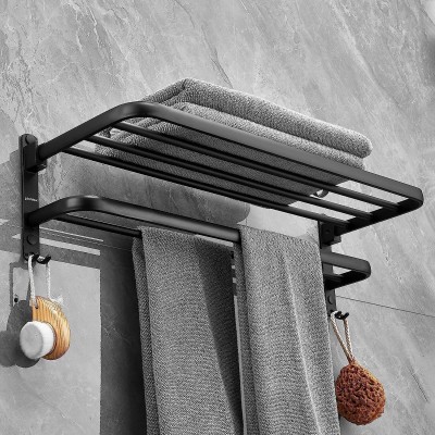 Plantex Aluminium Folding Towel Rack with Fix Towel Rod/Towel Hanger with Hook (963) Black Towel Holder(Aluminium)