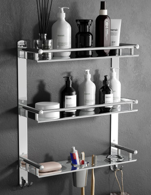 GLOXY by GLOXY 3 Layer Multipurpose Bathroom Shelf with Double Soap Dish and Tumbler Silver Towel Holder(Stainless Steel)