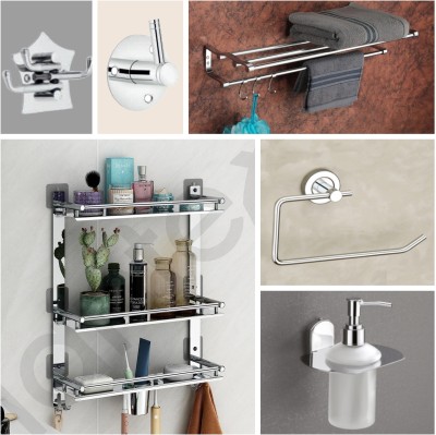 DXDT Bathroom set (pack of 6) Stainless steel double layer bathroom towel rack/rod Napkin ring/ 3 layer bathroom shelf, /Robe hook/ Soap Dispenser/Key stand Towel Holder(Stainless Steel)