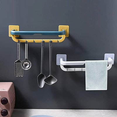 SEHLL Wall Mounted Double Bar Towel Holder with Hooks|Folding Towel Shelf White Towel Holder(Plastic)