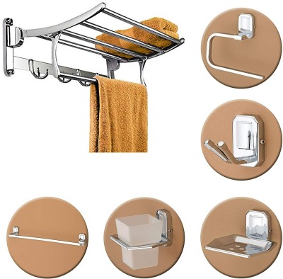 Plantex Stainless Steel Folding Towel Rack with Cute Bathroom Accessories Set-5 pieces Silver Towel Holder(Stainless Steel)