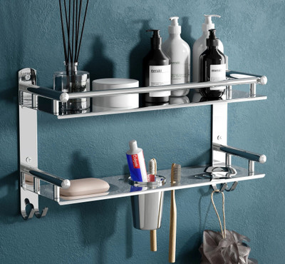 GRIVAN SS Multipurpose Bathroom Shelf with Double Soap Dish and Tumbler Silver Towel Holder(Stainless Steel)